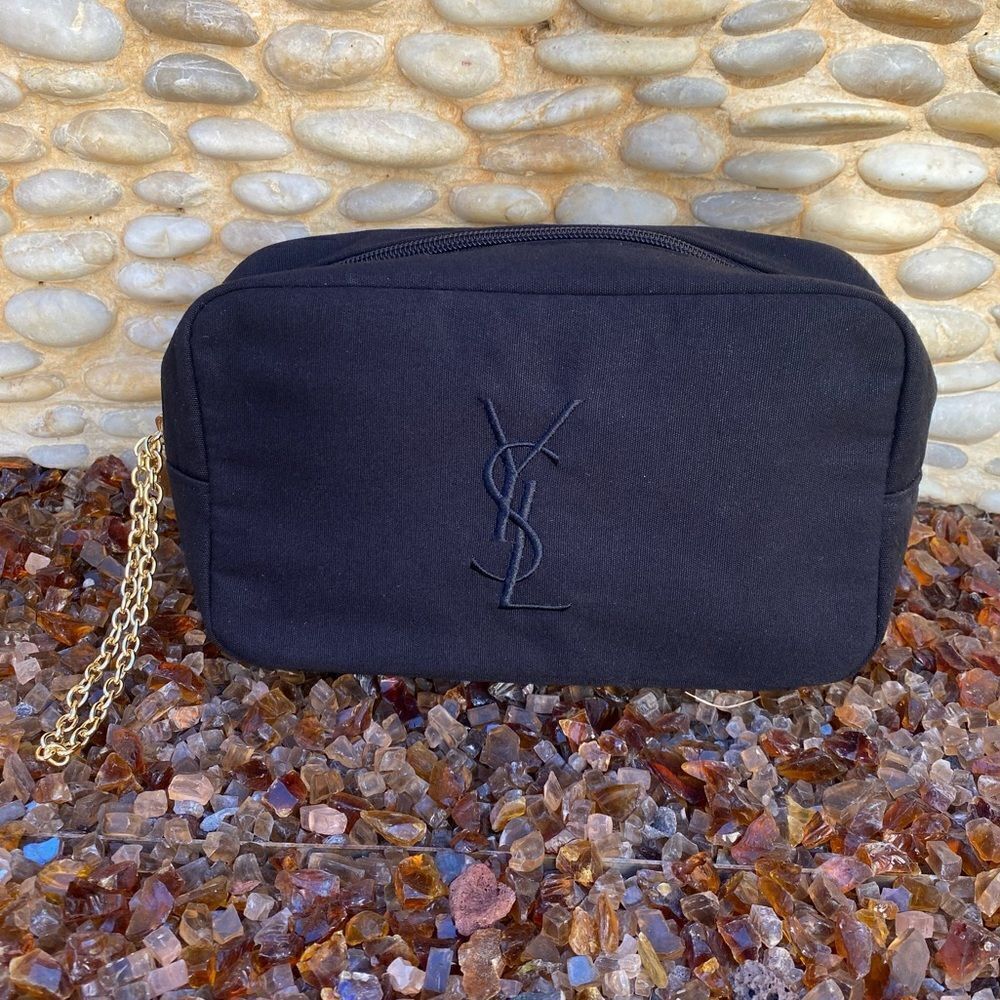 Yves Saint Laurent YSL Parfums Black Canvas Logo Wristlet/Pouch Gold Chain New - Picture 3 of 7